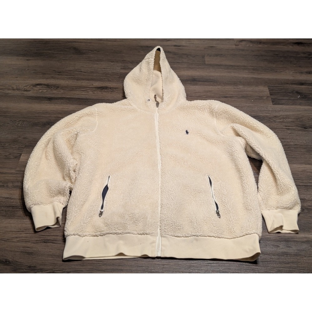 Polo Ralph Lauren Mens XXL Cream Sherpa Fleece Teddy Full Zip Hoodie READ
